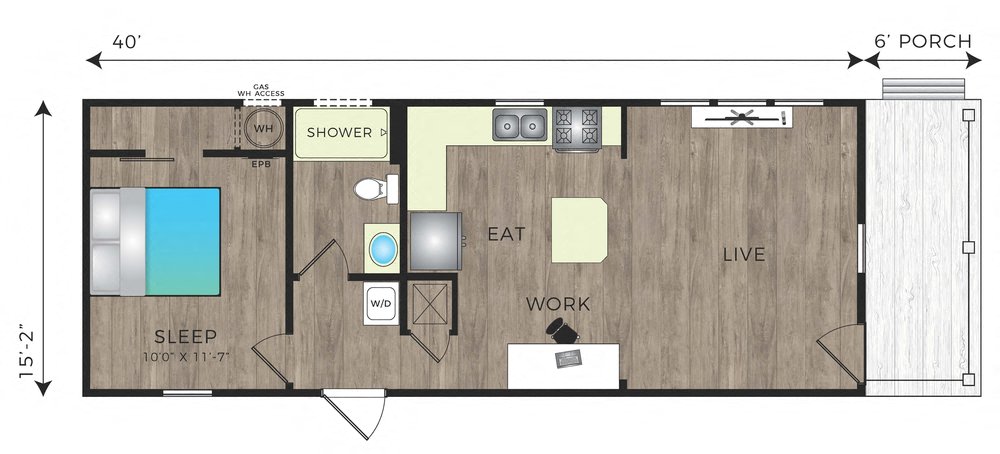 Floor plan for 1 bed, 1 bath, 607 sqft